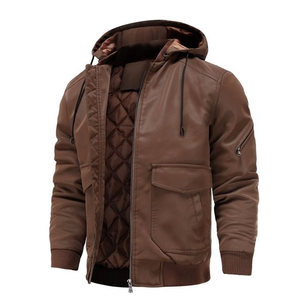 Men’s Winter Bomber Jacket – Thickened PU Leather Motorcycle Coat (S-4XL, Black/Dark Brown, Windproof & Water-Resistant)_viptrois.com