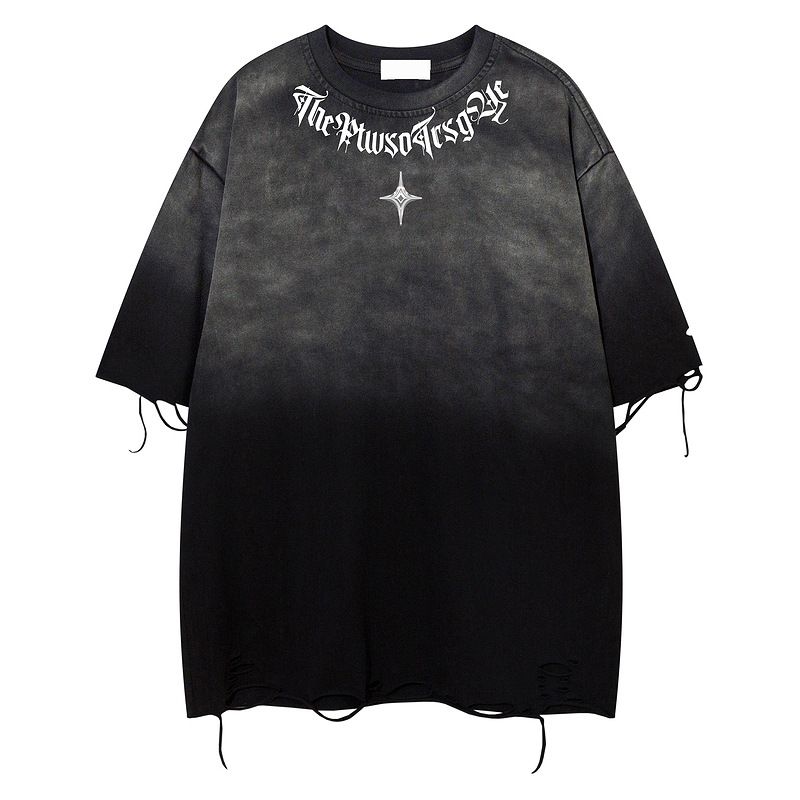 Men's Clothing American Heavy Washed Short Sleeved T Shirt Men's Oversize Hip Hop Trendy Brand Yabi Style Couple Half Sleeve Cut Holes_viptrois.com