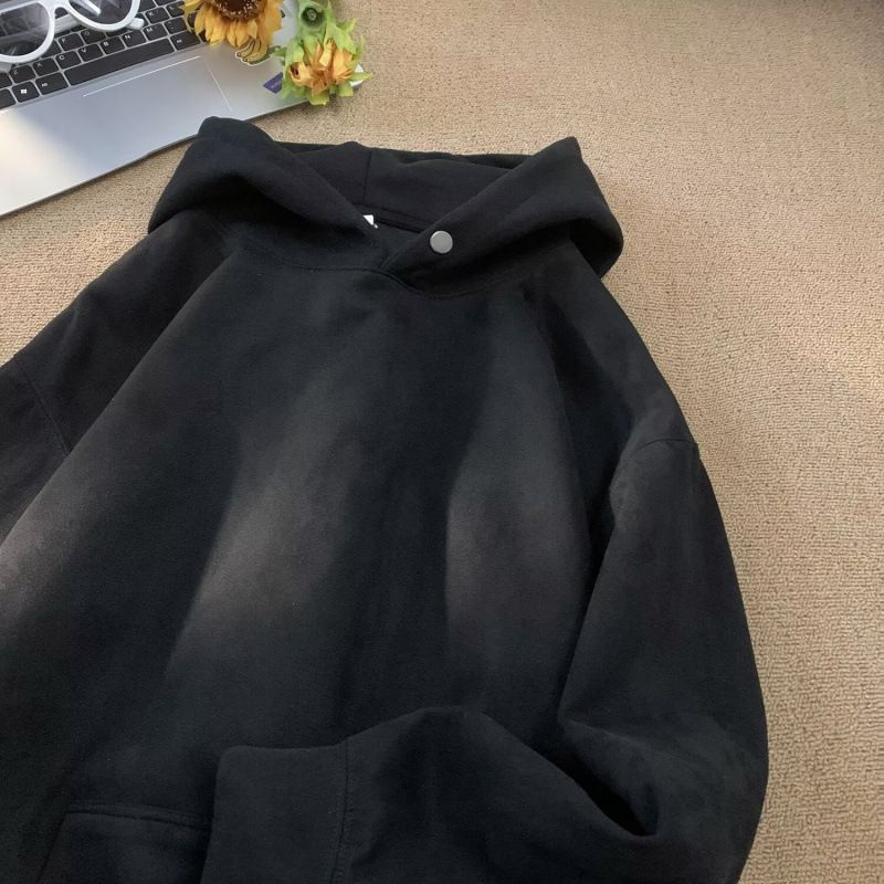 Oversized Suede Fleece Hoodie – Heavyweight Polyester Pullover With Drop Shoulder (M-3XL, Dark Grey/Black/Green)_viptrois.com