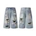 Men's Clothing Street Personality Hand Painted Paint Hole Distressed Wide Leg Jeans Washed Distressed Loose Embroidered Wide Leg Pants_viptrois.com