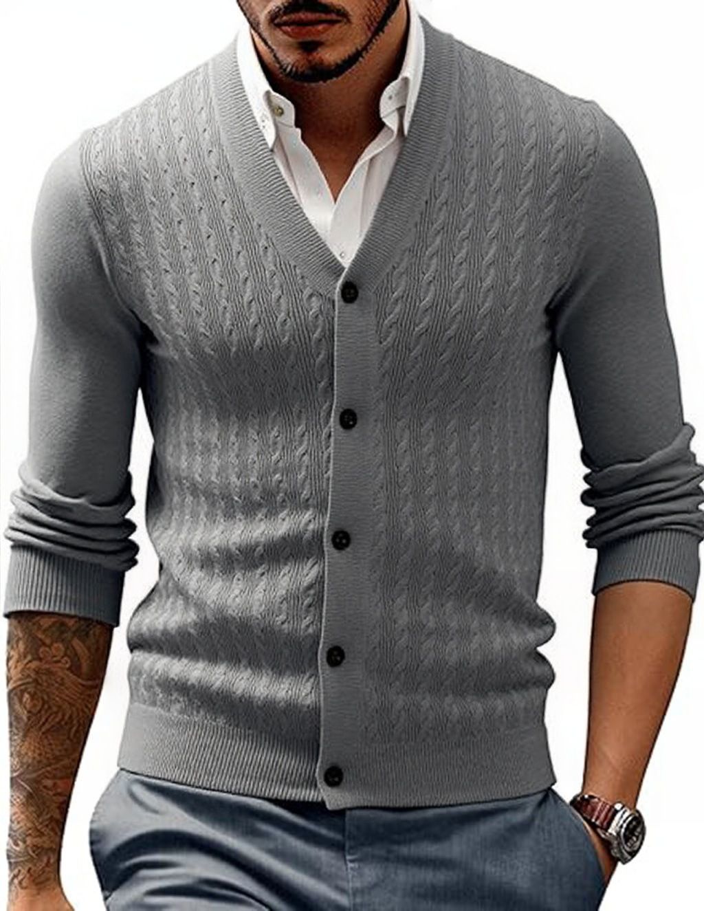 Men’s V-Neck Cable Knit Cardigan | Slim Fit Button-Up Sweater (M-5XL, 8 Colors)_viptrois.com