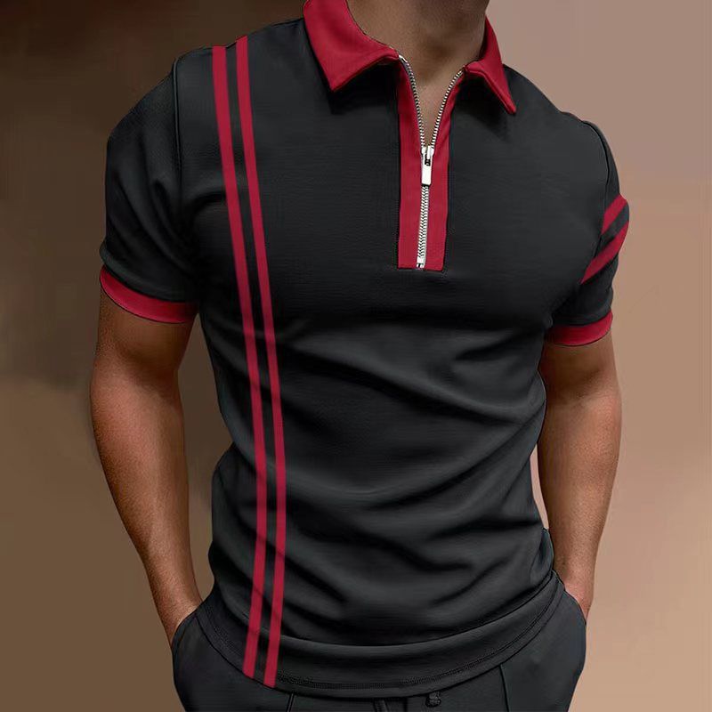 Summer T-shirts Men Men's Zip Polo Work Wear Turndown Clothes Tops Quarter Short Sleeve Fashion Classic Style Tropical Zipper_viptrois.com