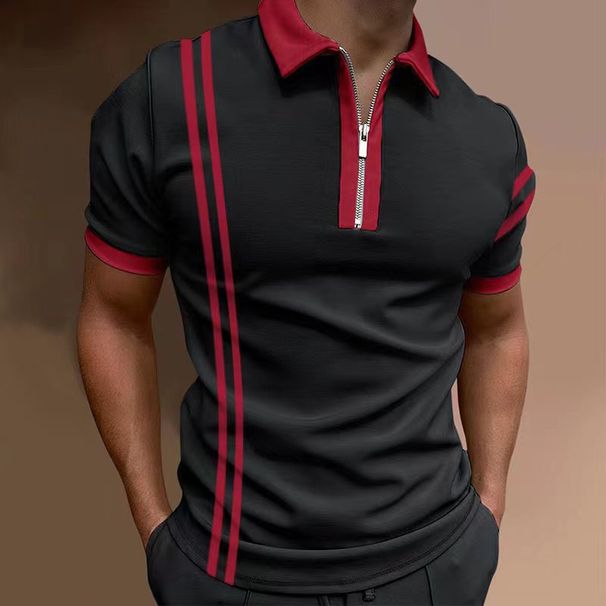 Summer T-shirts Men Men's Zip Polo Work Wear Turndown Clothes Tops Quarter Short Sleeve Fashion Classic Style Tropical Zipper_viptrois.com