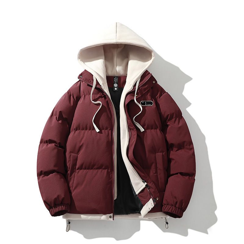Men's Thickened Colorblock Hooded Puffer Jacket – Oversized Unisex Winter Coat With Faux Layered Design, Polyester Fill For Extreme Warmth_viptrois.com