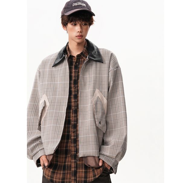 Men's Clothing Unique Houndstooth Patchwork Lapel Jacket For Men, Retro Silhouette, Short Harrington Casual Coat._viptrois.com