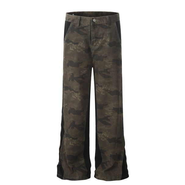 American Style Loose Camouflage Men's Long Pants Design Side Splicing Cuff Zipper Flared Jeans Trendy_viptrois.com