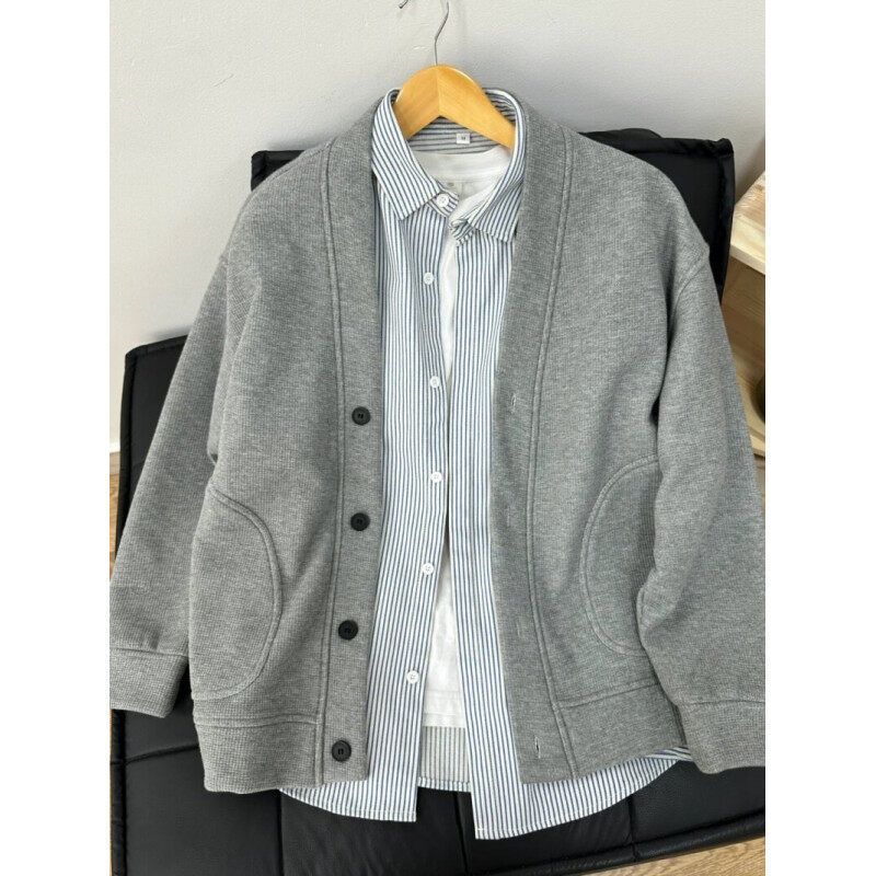 Japanese-Inspired Waffle Knit Cardigan – Oversized Unisex V-Neck Button-Up Sweater_viptrois.com