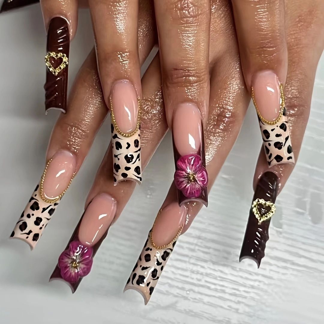 Long European Square False Nails - Wearable Sweet & Cool Leopard Heart Design, Finished Nail Art Piece, American & European Style_viptrois.com