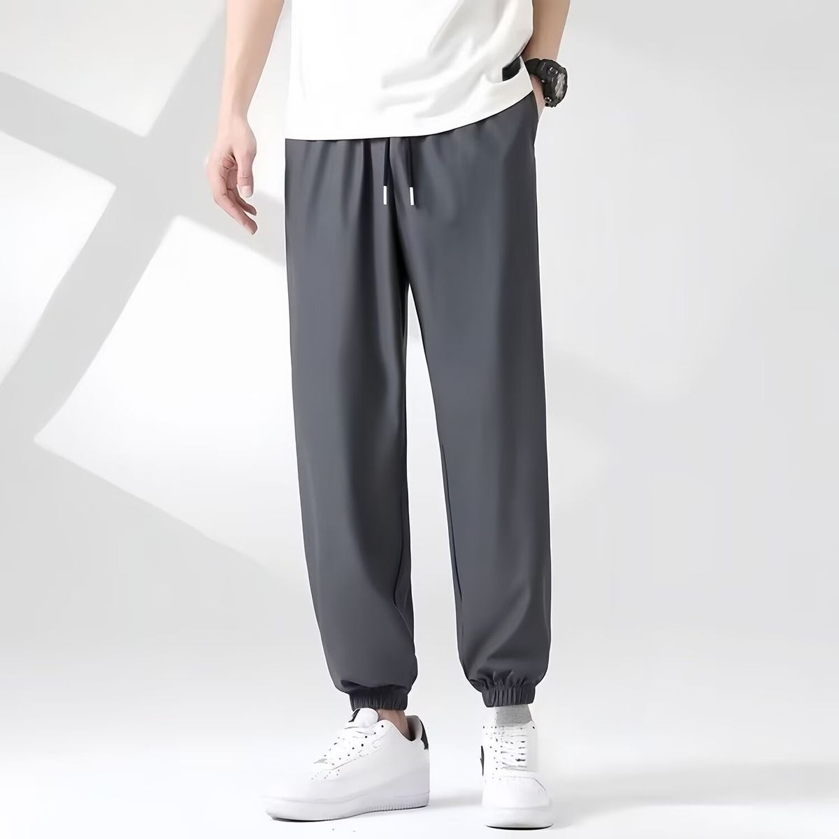 Men's Summer Thin Ice Silk New Style Jogger Sports Cropped Trendy Brand Cool Casual Long Pants_viptrois.com