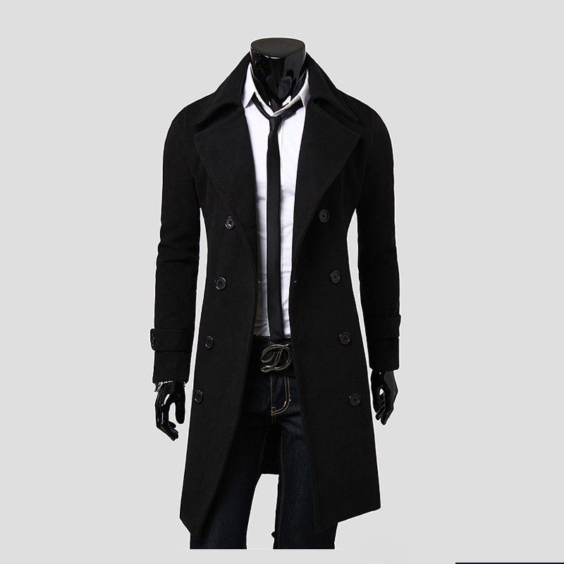 Men's Clothing European Size Foreign Trade Men's Slim Jacket Double Breasted Extra Long Slit Trench Coat Men's Woolen Coat Korean Style Slim_viptrois.com