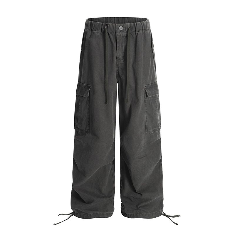Men's Clothing Retro Loose Drawstring Overalls Wide Leg Multi Pocket High Street Casual Sports Trend Unisex Trousers_viptrois.com