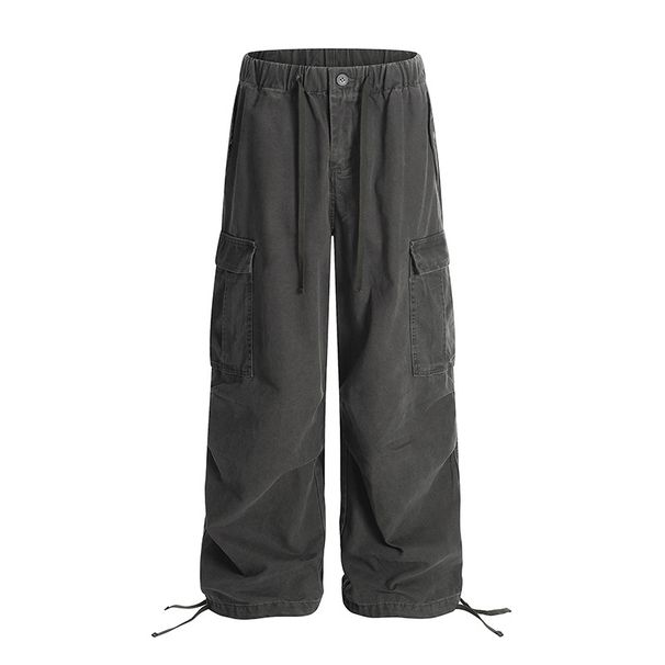 Men's Clothing Retro Loose Drawstring Overalls Wide Leg Multi Pocket High Street Casual Sports Trend Unisex Trousers_viptrois.com