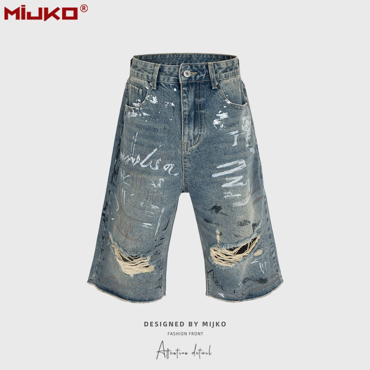 Men's Clothing Men's And Women's Spring And Summer New Ripped Shorts Men And Women's Same Style Hand Painted Graffiti Hole Seven Point Jeans_viptrois.com