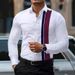 Men's Contrast Trim Dress Shirt – Stretch Polyester Business Casual Long Sleeve With All-Over Print (Black/Blue/Red Stripe Options)_viptrois.com