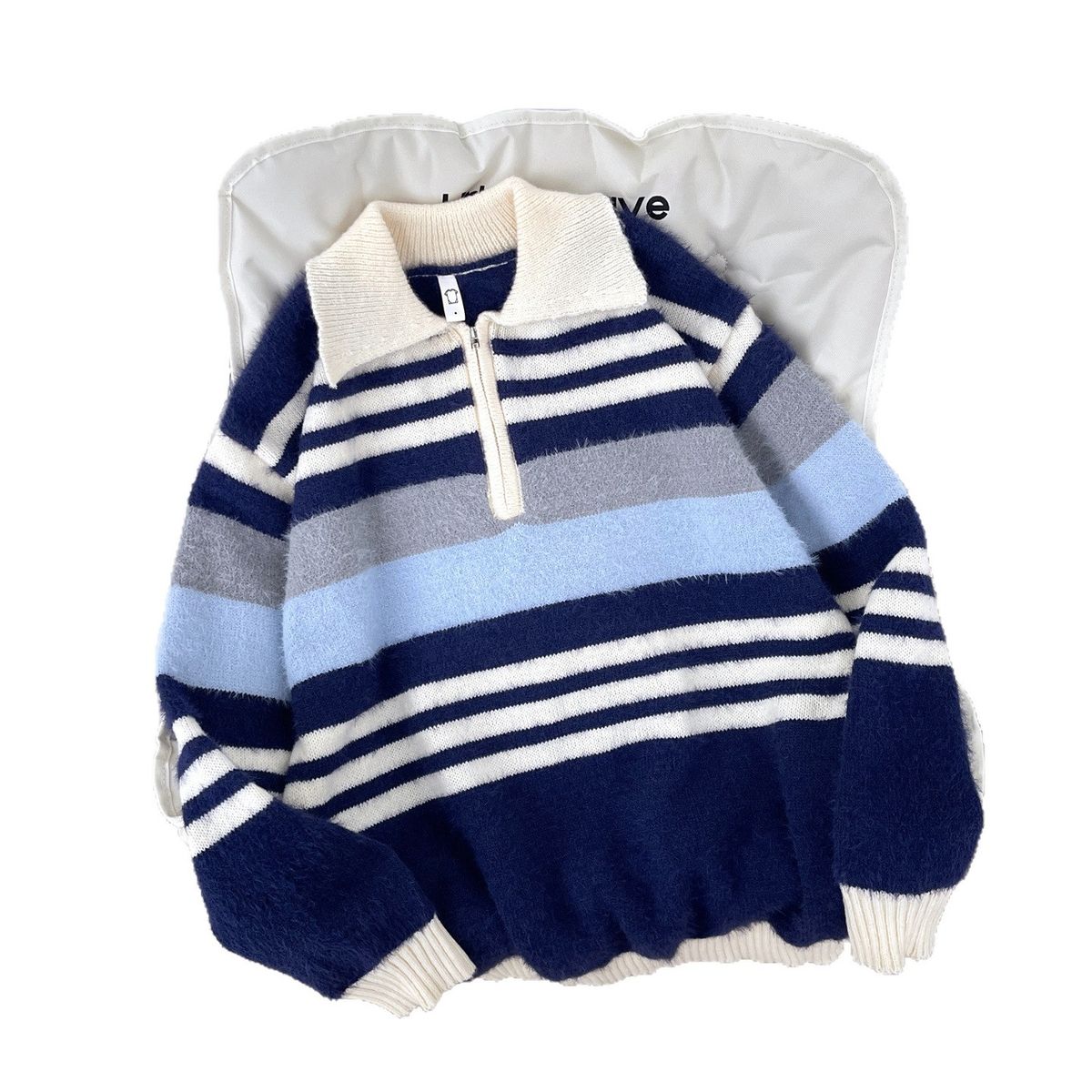 Color Blocking Striped Lapel Half Zip Sweater, Warm And Loose Retro Knit Sweater Top_viptrois.com