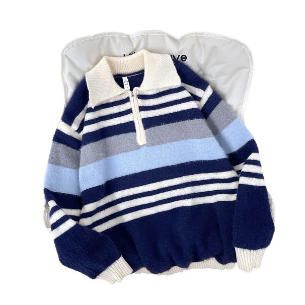 Color Blocking Striped Lapel Half Zip Sweater, Warm And Loose Retro Knit Sweater Top_viptrois.com