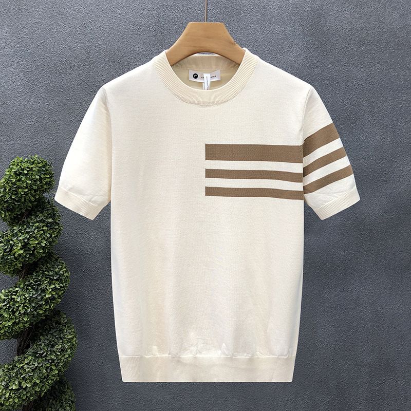 Men's Clothing Summer New Short Sleeved Sweater Men's Striped Simple Business Light Mature Slim Ice Silk T Shirt_viptrois.com