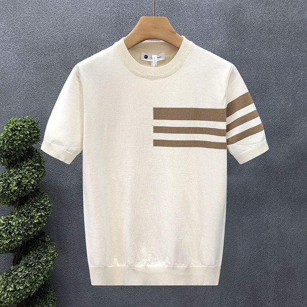 Men's Clothing Summer New Short Sleeved Sweater Men's Striped Simple Business Light Mature Slim Ice Silk T Shirt_viptrois.com