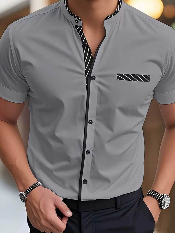Men's Stand Up Collar Short Sleeved Shirt Summer Stretch Color Block Wrinkle Free Business Casual Slim Fit_viptrois.com