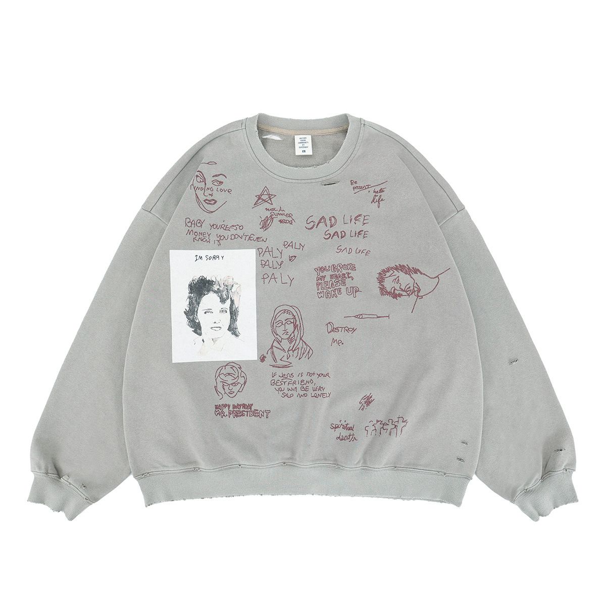 Autumn Winter New Trendy Brand Portrait Graffiti Print Destroyed Terry Crew Neck Sweatshirt_viptrois.com