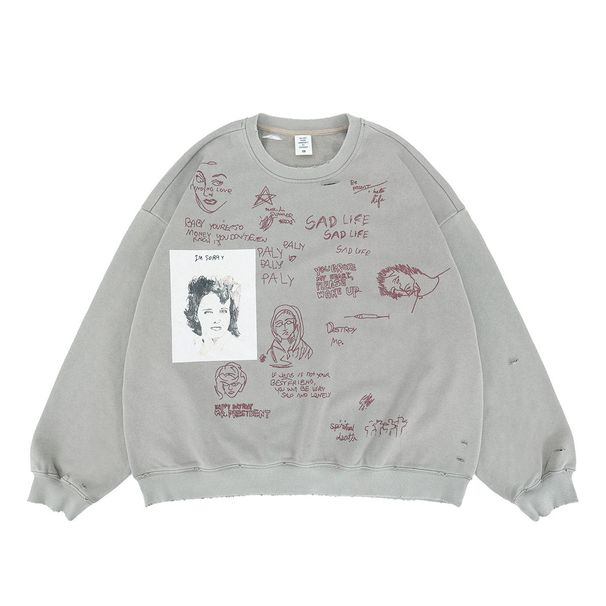Autumn Winter New Trendy Brand Portrait Graffiti Print Destroyed Terry Crew Neck Sweatshirt_viptrois.com
