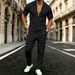 Men's Relaxed Fit Summer Two-Piece Set – Drop Shoulder V-Neck T-Shirt & Casual Pants – Breathable Loungewear & Streetwear_viptrois.com