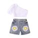Baby Clothing Kids and girls pit strip solid color short-sleeved top printed denim open-pocket shorts_viptrois.com