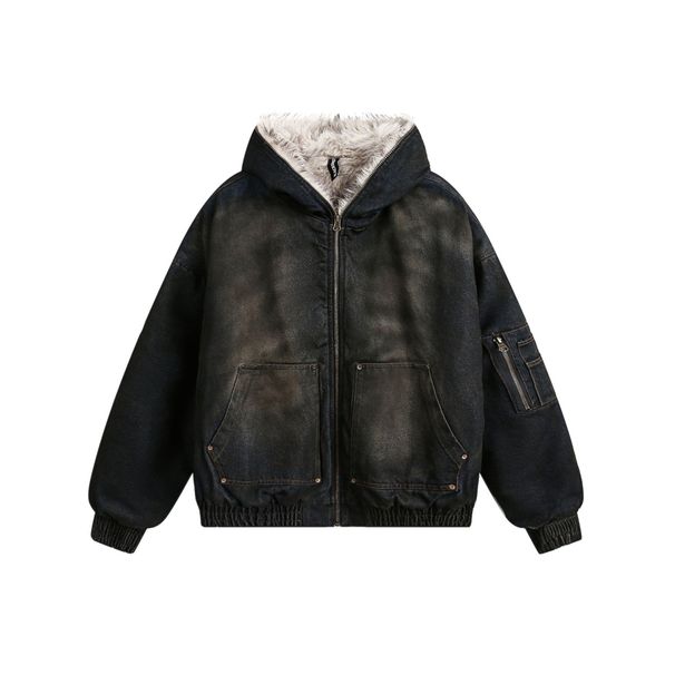 Men's Clothing American Street Washed Denim Cotton Jacket Winter Plus Velvet Zuoshandiao Jacket Wasteland Style Cotton Jacket Men_viptrois.com