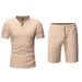 Summer New Style Men's Solid Color Two Piece Set Short Sleeve Beachwear Linen Suit With Shorts_viptrois.com