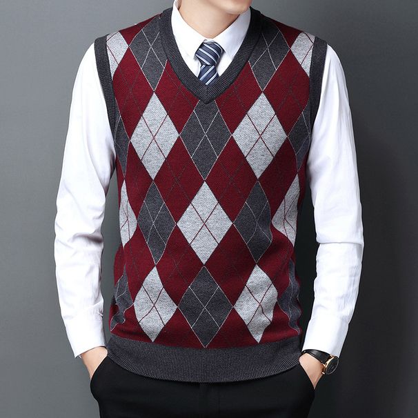 Men's Wool Blend V-Neck Sleeveless Sweater Vest - Classic Checkered & Camouflage Pattern, Slim Fit, Autumn Casual Wear_viptrois.com