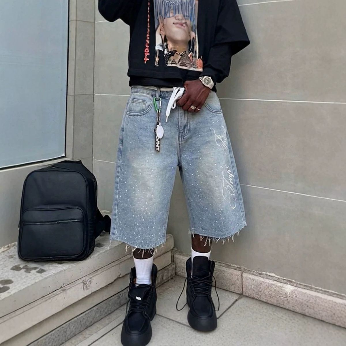 Men's And Women's Streetwear Denim Shorts Straight Wide Loose Capri Rhinestone Decorated_viptrois.com