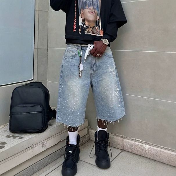 Men's And Women's Streetwear Denim Shorts Straight Wide Loose Capri Rhinestone Decorated_viptrois.com