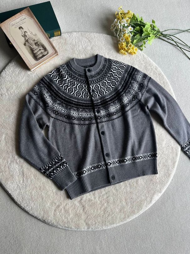 Fair Isle Round Neck Cashmere Cardigan Unisex Knitted Thick Jacquard Coat Top Autumn Winter Loose Long Sleeve Sweater_viptrois.com
