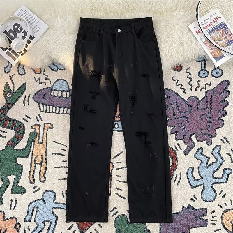 Men's Clothing American Jeans Men's Summer Thin American High Street Vibe Washed Holes Trendy Brand Loose Straight Casual Trousers_viptrois.com