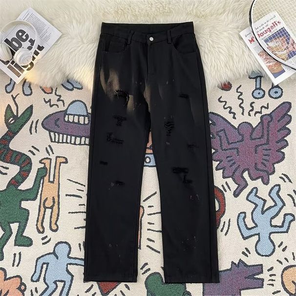 Men's Clothing American Jeans Men's Summer Thin American High Street Vibe Washed Holes Trendy Brand Loose Straight Casual Trousers_viptrois.com