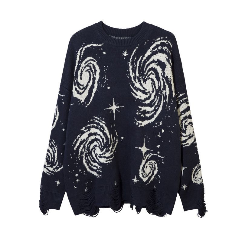 Men's ClothingFashion Personality Star Element Rotating Jacquard Ripped Long Sleeved Pullover Loose Casual Men's And Women's Sweater_viptrois.com