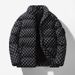 Unisex Letter-Embroidered Quilted Jacket – Stand Collar Winter Coat With Zip Pockets (M-5XL, Polyester Shell, Slim Fit, Streetwear Essential)_viptrois.com