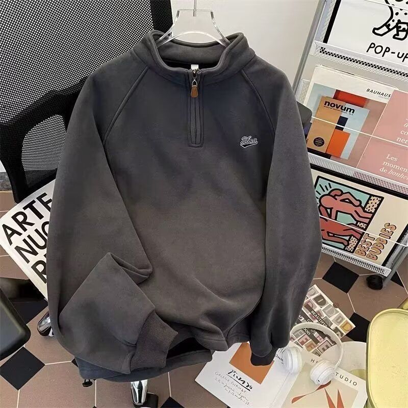 Men's Clothing Casual Quarter-Zip Fleece Sweatshirt - Stand Collar, Loose Fit, Warm Plush Lining, No Hood, Pullover Style (Fleece & Non-Fleece)_viptrois.com