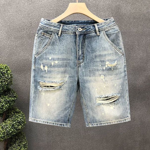 Men's High-End Ripped Denim Shorts Trendy Brand Thin Five Point Midweight Summer Style Loose Straight Leg mid Waist Pants_viptrois.com