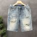 Men's High-End Ripped Denim Shorts Trendy Brand Thin Five Point Midweight Summer Style Loose Straight Leg mid Waist Pants_viptrois.com