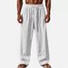 Men's Clothing Cotton And Linen Solid Color Drawstring Elastic Waist Daily Casual Breathable Straight Trousers_viptrois.com