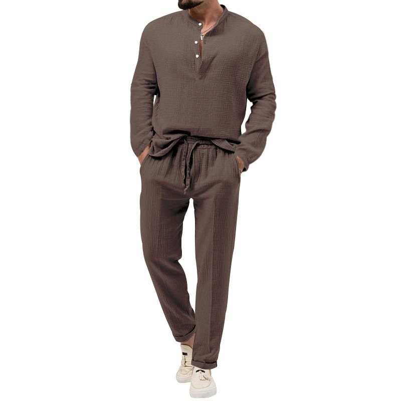 Men's Clothing Foreign Trade Hot Sale 2025 Spring And Autumn Men's Solid Color Casual T Shirt Long Sleeved Shirt Trousers Suit_viptrois.com