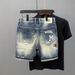 Summer New Ripped Denim Shorts Men's Trendy Brand Patch Print Mid Length Pants Trendy All Match Beggar Shorts_viptrois.com