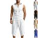 Men's Casual Loose Cropped Sports Two Piece Set Style Waffle Sleeveless Hooded Vest With Pants_viptrois.com