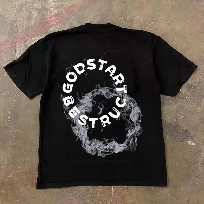 250g Heavyweight Pure Cotton American Retro Unisex Short Sleeve T-Shirt English Circle Print Casual Loose Fit for Couples_viptrois.com