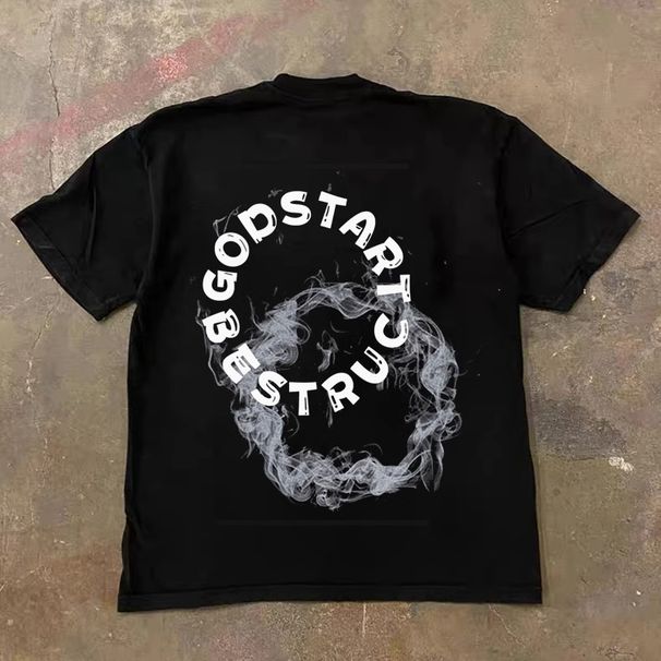 250g Heavyweight Pure Cotton American Retro Unisex Short Sleeve T-Shirt English Circle Print Casual Loose Fit for Couples_viptrois.com