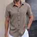 Men’s Short-Sleeve Casual Shirt – Breathable Polyester, V-Neck, Solid & Color-Blocked (Bluish/Greens/Khaki/Greyish/Dark Blue/Brown, S-XXL)_viptrois.com