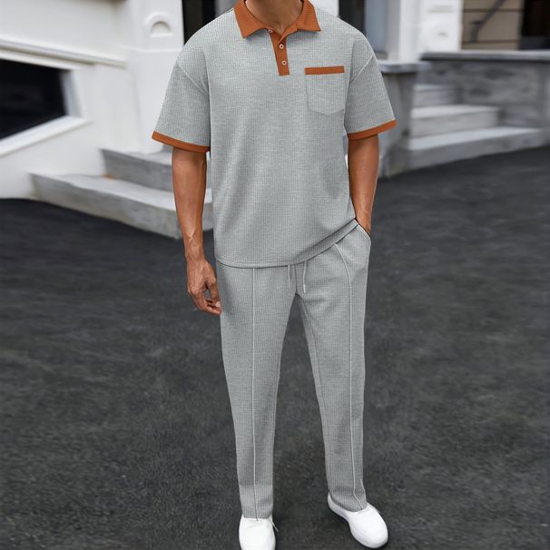 Men's Clothing Waffle Lapel Color Matching Short Sleeved Trousers Two Piece Casual Suit_viptrois.com