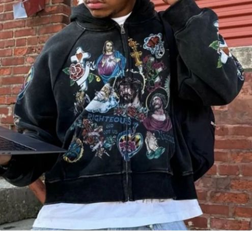 Cartoon Print Zip-Up Hoodie - Oversized Pullover With Playful Graphic, Casual Streetwear Hooded Sweatshirt For Men & Women_viptrois.com