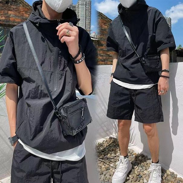Men's Summer Workwear Set, Stylish Loose Short Sleeve Hooded T-Shirt And Shorts, Versatile Outdoor Sports Outfit_viptrois.com